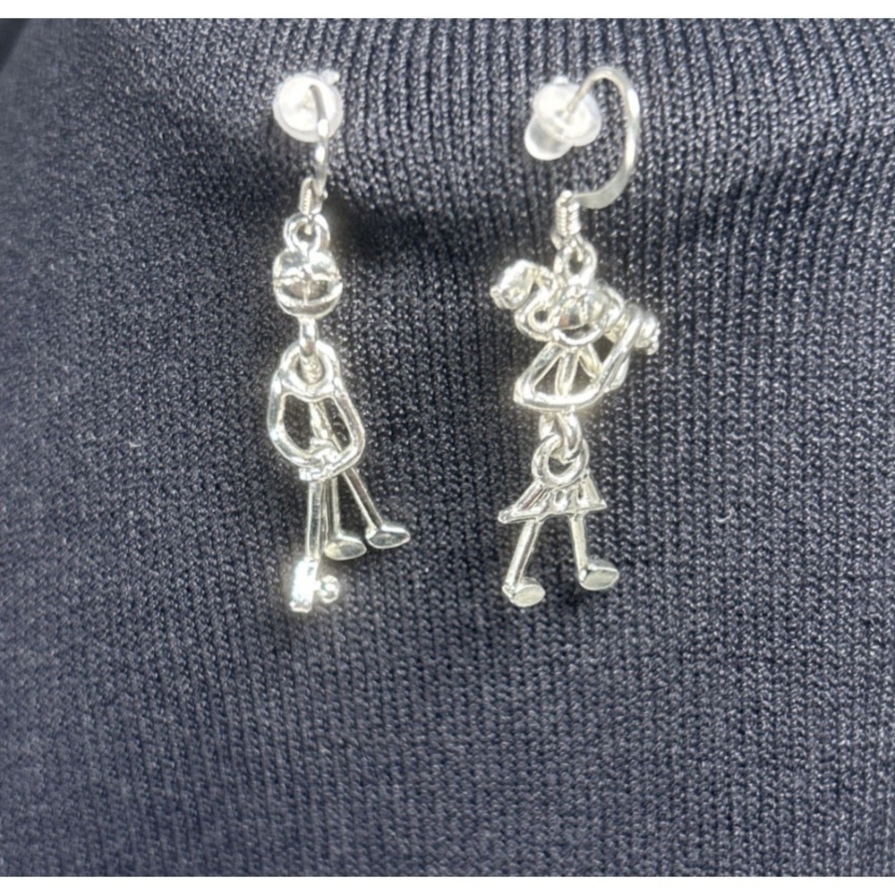 Articulated Earrings Stick Figure Golfers Novelty Silver Tone‎ Dangle Fore